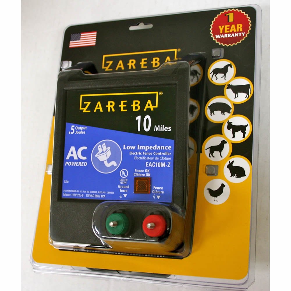 Zareba EAC10M-Z AC Powered Low Impedance Electric Fence Charger - 10 Mile Plug-In Electric Fence Energizer, Contain Small Animals, Keep Out Pests and Predators