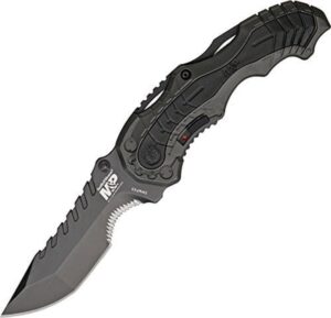 smith & wesson swmp6s 7.7in high carbon s.s. assisted folding knife with 3.4in serrated clip point blade and aluminum handle for tactical, survival and edc,black