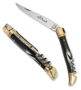 laguiole pocket knife with black horn handle and brass bolsters, corkscrew - direct from france