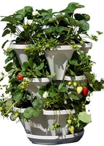 3 tier stackable herb garden planter set with bottom saucer - stone color - vertical container pots for herbs, strawberries, flowers