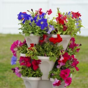 3 Tier Stackable Herb Garden Planter Set with Bottom Saucer - Stone Color - Vertical Container Pots for Herbs, Strawberries, Flowers