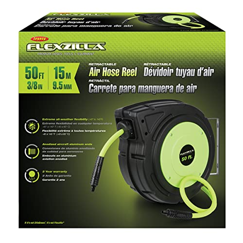 Flexzilla Retractable Enclosed Plastic Air Hose Reel, 3/8 in. x 50 ft., Heavy Duty, Lightweight, Hybrid, ZillaGreen - L8250FZ