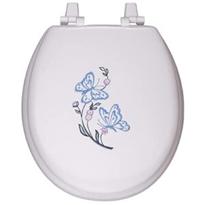 soft vinyl round toilet seat with embroidered butterfly, white