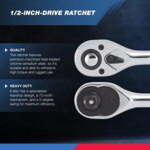 Neiko 03103A 1/2 Inch Ratchet Wrench, 72-Tooth Reversible Ratchet, Quick Release 1/2 Drive Ratchet, 10 Inch Oval Head Socket Wrench, CR-V Steel Rachet Wrench