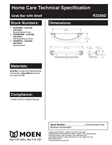 Moen Chrome Bathroom Safety 16-Inch Screw-in Curved Shower Grab Bar with Built-in Shelf for Storage, LR2356DCH