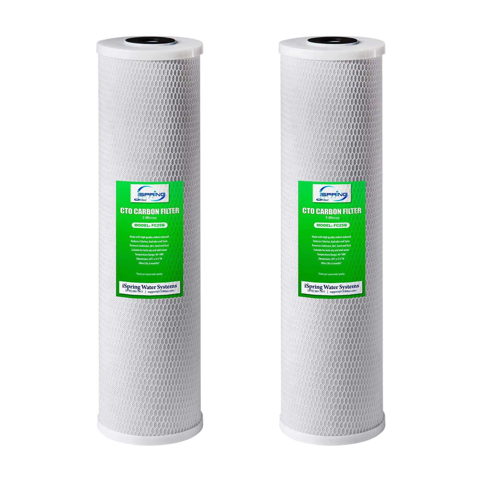 iSpring FC25BX2 High Capacity 20” x 4.5” Water Filter Replacement Cartridges - CTO Carbon Block - Fits Standard 20” x 4.5” Whole House Water Filter Systems - Reducing up to 99% Chlorine - Pack of 2