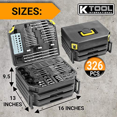 K Tool International 10330 Automotive Plastic/Steel/Wood Premium Drill Bit/Accessory Set for Garages, Repair Shops, and DIY, 16"x13"x9.5" Portable Carrying Case, (2) Folding Trays, Black, 326 Piece