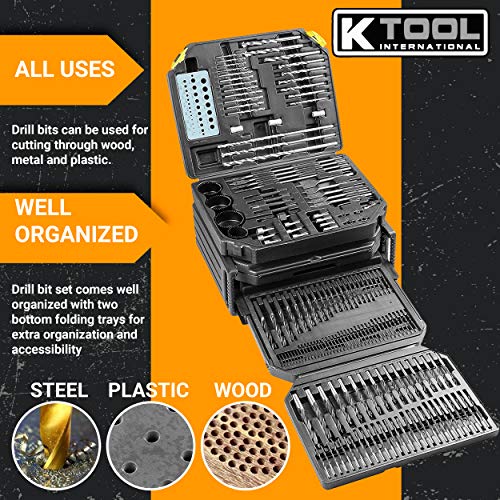 K Tool International 10330 Automotive Plastic/Steel/Wood Premium Drill Bit/Accessory Set for Garages, Repair Shops, and DIY, 16"x13"x9.5" Portable Carrying Case, (2) Folding Trays, Black, 326 Piece