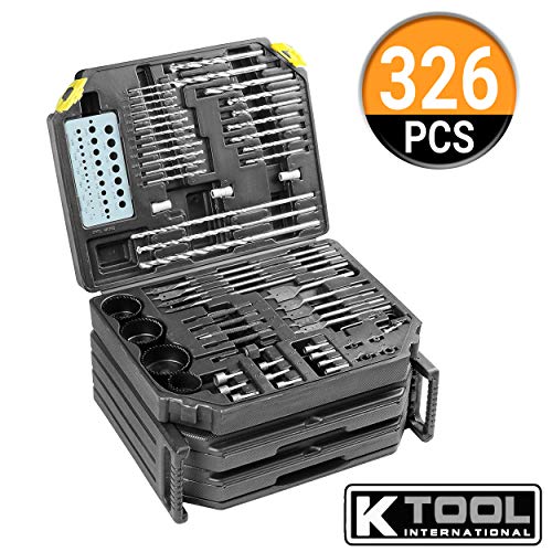 K Tool International 10330 Automotive Plastic/Steel/Wood Premium Drill Bit/Accessory Set for Garages, Repair Shops, and DIY, 16"x13"x9.5" Portable Carrying Case, (2) Folding Trays, Black, 326 Piece