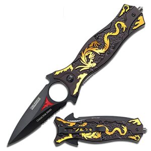 tac force spring assisted folding knife – black partially serrated blade, black aluminum handle w/ gold dragon design, glass punch and pocket clip, tactical, edc, rescue - tf-707gd