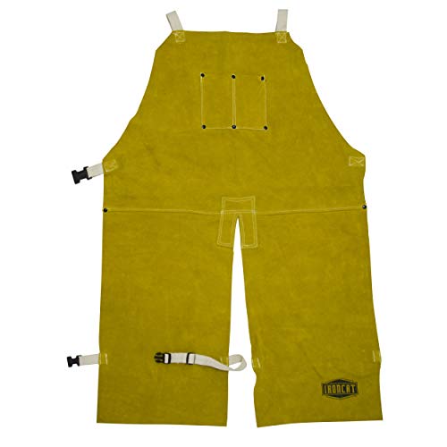 IRONCAT 7011 Leather Split Leg Bib Apron – 24in. x 48 in. Welding Chaps with Anodized Snaps and Rivets, Kevlar Sewn, Split Cowhide Leather. Welding Protection Apparel