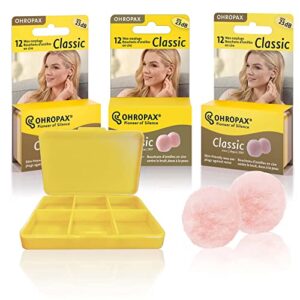 ohropax wax ear plugs qty 3 boxes - total of 36 ear plugs with free yellow 6 compartment box