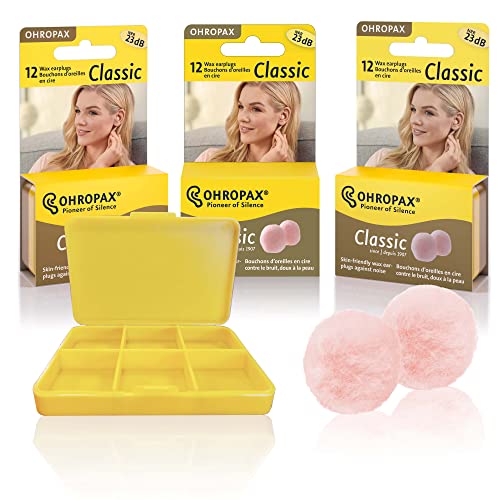 Ohropax Wax Ear Plugs Qty 3 Boxes - Total of 36 Ear Plugs with Free Yellow 6 Compartment Box