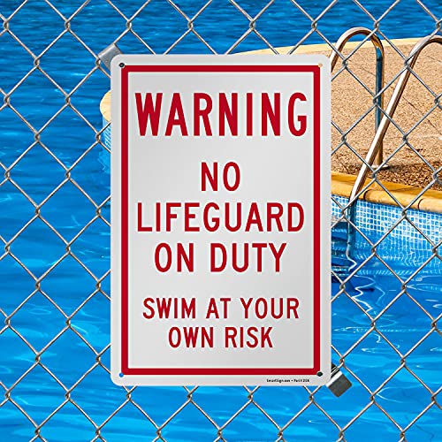 SmartSign-K-8181-PL "Warning - No Lifeguard On Duty, Swim At Your Own Risk" Sign | 10" x 15" Plastic , Red on White