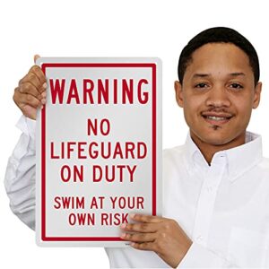 SmartSign-K-8181-PL "Warning - No Lifeguard On Duty, Swim At Your Own Risk" Sign | 10" x 15" Plastic , Red on White