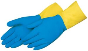 liberty 2570sp neoprene/latex liquid proof unsupported glove with flock lined, chemical resistant, 28 mil thickness, 13" length, large, blue/yellow (pack of 12)