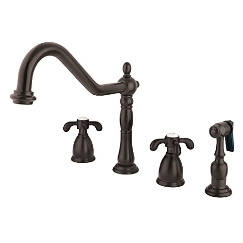 Kingston Brass KB1795TXBS French Country Widespread Kitchen Faucet with Brass Sprayer, Oil Rubbed Bronze,8-1/4 inch Spout Reach