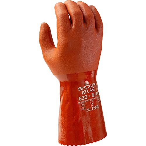 SHOWA - 620L-09 Atlas 620 Fully Coated Double-Dipped PVC Glove, Seamless Knitted Liner, Chemical Resistant, 12" Length, Large (Pack of 12 Pairs),Orange