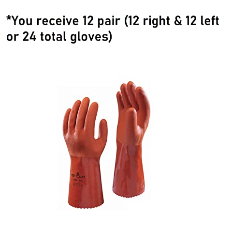 SHOWA - 620L-09 Atlas 620 Fully Coated Double-Dipped PVC Glove, Seamless Knitted Liner, Chemical Resistant, 12" Length, Large (Pack of 12 Pairs),Orange