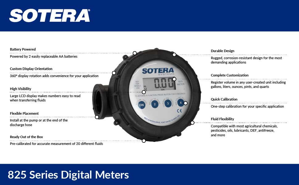 Sotera 825 1" 2-20 GPM(7-75 LPM) Digital Inline Nutating Disc Poly Chemical Transfer Meter, 125 PSI (8.6 bar)