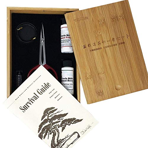 Tinyroots Starter Bonsai Tool Kit - Survival Guide + Set Includes: Butterfly Pruning Shears, Bottle Uncle Bill's Fertilizer, 2 Ounce Frit, Aluminum Wire, Genuine Chinese Mud Figurine - Bamboo Case