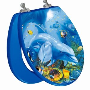 TOPSEAT 3D Ocean Series Round Toilet Seat w/Chromed Metal Hinges, Wood, Dolphin Family