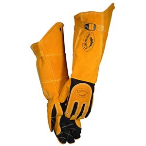 caiman premium split deerskin mig/stick welding gloves with fleece/foam insulation, 21-inch length, split cowhide leather heat shield patch, sock lined foam, kevlar, black/gold, x-large (1878-5)