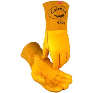 caiman premium top grain goatskin mig welding gloves, dupont kevlar stitching, unlined, 4-inch cuff, gold, large (1869-6)