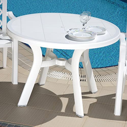 Compamia Truva 42" Round Resin Patio Dining Table in White, Commercial Grade