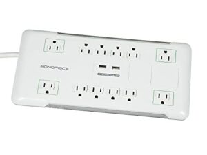 monoprice power & surge - 12 outlet surge protector power strip with 2 built in 2.1a usb charger ports - 6 feet - white | cord ul rated, 3,420 joules with grounded and protected light indicator