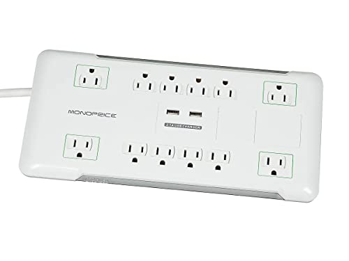 Monoprice Power & Surge - 12 Outlet Surge Protector Power Strip With 2 Built In 2.1A USB Charger Ports - 6 Feet - White | Cord UL Rated, 3,420 Joules With Grounded And Protected Light Indicator