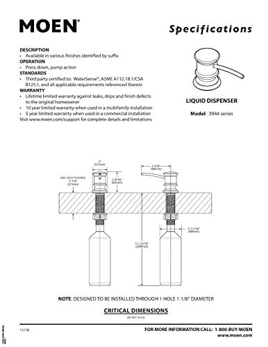 Moen Spot Resist Stainless Deck Mounted Kitchen Soap Dispenser with Above the Sink Refillable Bottle for Kitchen Sink, 3944SRS