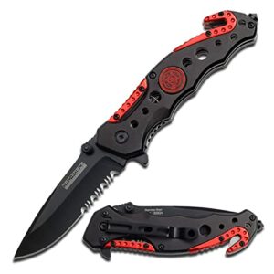 tac force spring assisted folding pocket knife – black partially serrated blade with black and red aluminum handle, rope cutter, glass punch and pocket clip, tactical, edc, rescue - tf-723fd