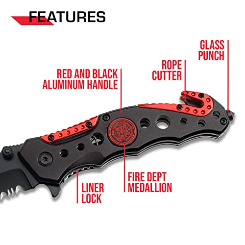 TAC Force Spring Assisted Folding Pocket Knife – Black Partially Serrated Blade with Black and Red Aluminum Handle, Rope Cutter, Glass Punch and Pocket Clip, Tactical, EDC, Rescue - TF-723FD