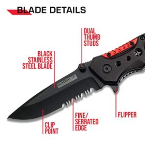 TAC Force Spring Assisted Folding Pocket Knife – Black Partially Serrated Blade with Black and Red Aluminum Handle, Rope Cutter, Glass Punch and Pocket Clip, Tactical, EDC, Rescue - TF-723FD