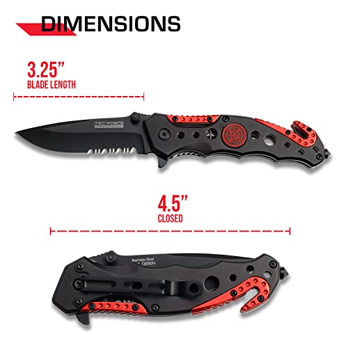 TAC Force Spring Assisted Folding Pocket Knife – Black Partially Serrated Blade with Black and Red Aluminum Handle, Rope Cutter, Glass Punch and Pocket Clip, Tactical, EDC, Rescue - TF-723FD