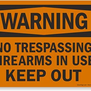 SmartSign - S-8638-AL-14 Warning - No Trespassing, Firearms in Use, Keep Out Sign by | 10" x 14" Aluminum Black on Orange