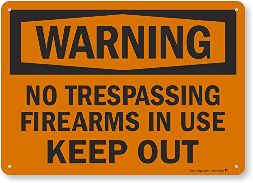 SmartSign - S-8638-AL-14 Warning - No Trespassing, Firearms in Use, Keep Out Sign by | 10" x 14" Aluminum Black on Orange