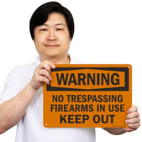 SmartSign - S-8638-AL-14 Warning - No Trespassing, Firearms in Use, Keep Out Sign by | 10" x 14" Aluminum Black on Orange