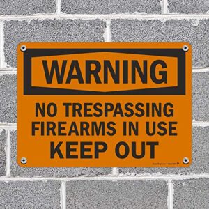 SmartSign - S-8638-AL-14 Warning - No Trespassing, Firearms in Use, Keep Out Sign by | 10" x 14" Aluminum Black on Orange