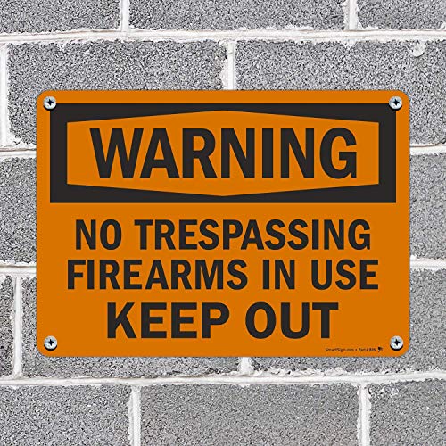 SmartSign - S-8638-AL-14 Warning - No Trespassing, Firearms in Use, Keep Out Sign by | 10" x 14" Aluminum Black on Orange