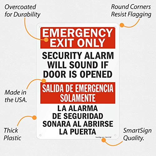 SmartSign "Emergency Exit Only - Security Alarm Will Sound If Door Is Opened" Bilingual Sign | 10" x 14" Plastic