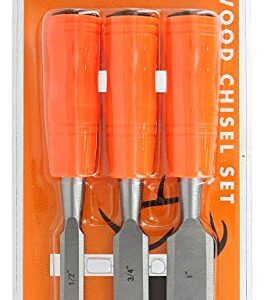 Buck Brothers 120203K 3-Piece Wood Chisel Set With Acetate Handles | 1/2 Inch, 3/4 Inch, 1 Inch Chisels Included | Carve, Cut, and Shape Wood, Install Windows and Doors | Carpentry Tools,Orange