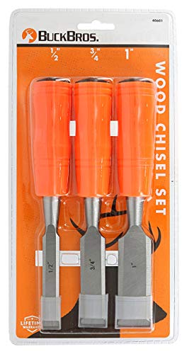 Buck Brothers 120203K 3-Piece Wood Chisel Set With Acetate Handles | 1/2 Inch, 3/4 Inch, 1 Inch Chisels Included | Carve, Cut, and Shape Wood, Install Windows and Doors | Carpentry Tools,Orange