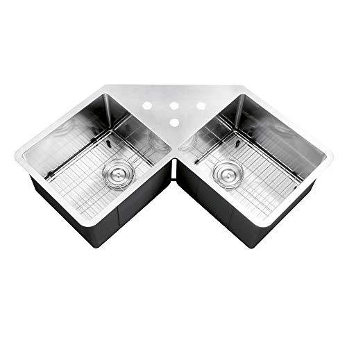 Ruvati RVH8400 Undermount Corner Kitchen Sink 16 Gauge 44" Double Bowl, Stainless Steel
