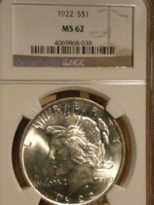 1922 s ms62 ngc certified peace silver dollar