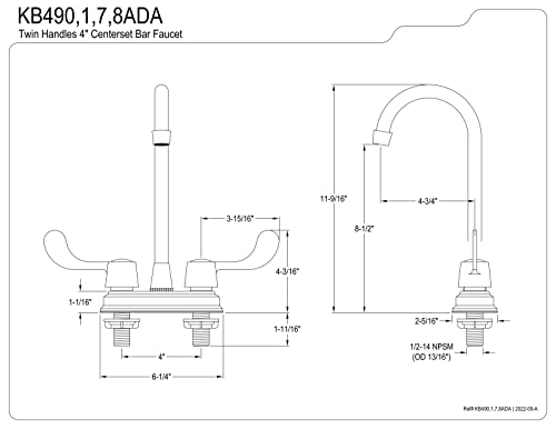 Kingston Brass KB491ADA Vista Bar Faucet, 4-3/4", Polished Chrome