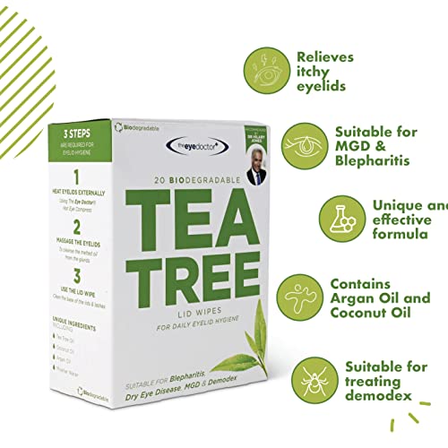 The Eye Doctor Tea Tree Eyelid Wipes - 20x Cleansing Lid Wipes for Dry Eye Blepharitis MGD and Demodex Treatment - Tea Tree, Coconut & Argan Oil