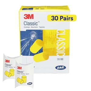 3m ear plugs, 30 pairs/box, e-a-r classic 310-1060, uncorded, disposable, foam, nrr 29, for drilling, grinding, machining, sawing, sanding, welding, 1 pair/pillow pack,yellow