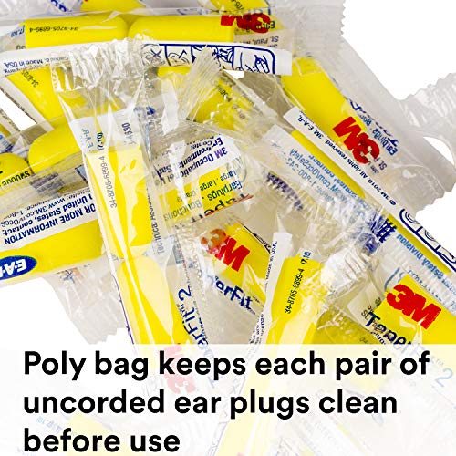 3M Ear Plugs, 200/Box, E-A-R TaperFit2 312-1219, Uncorded, Disposable, Foam, NRR 32, For Drilling, Grinding, Machining, Sawing, Sanding, Welding, 1 Pair/Poly Bag,Yellow